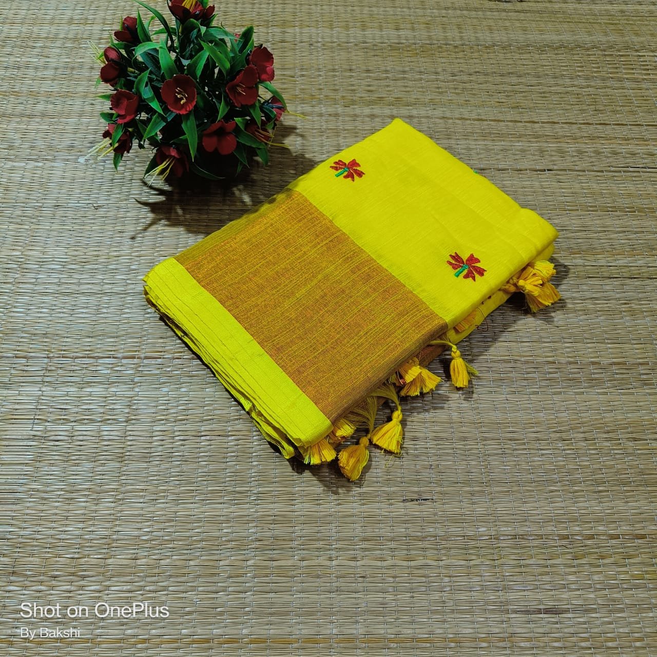 Handloom Slub Khadi Shiuli Embroidery Work Saree