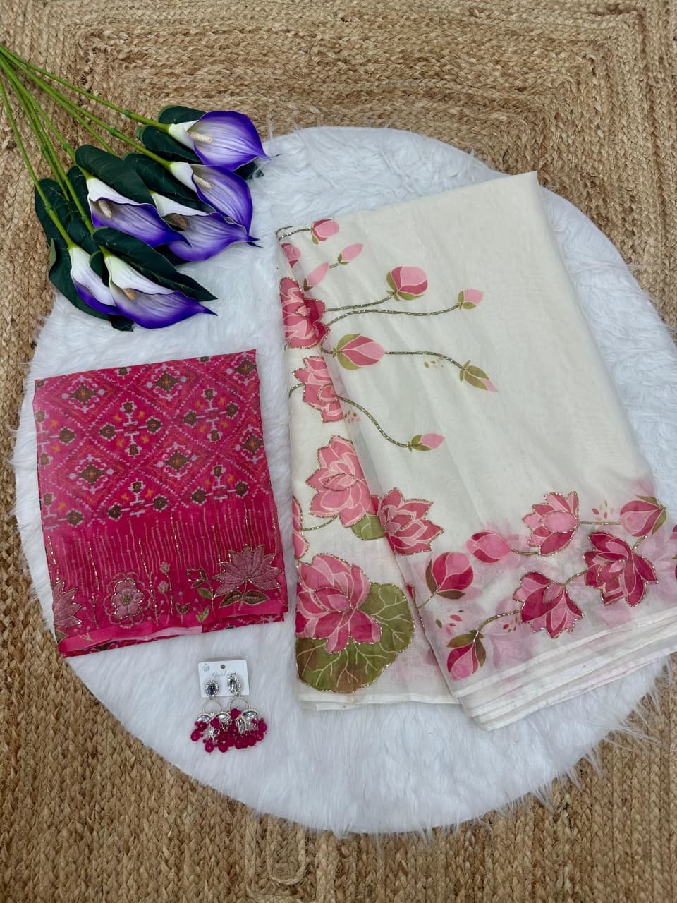 Designer Lotus white saree - Image 9