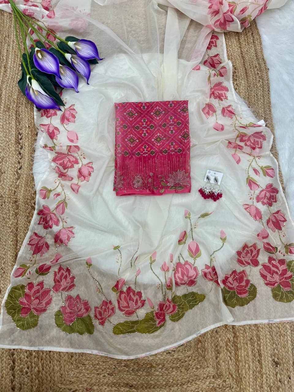 Designer Lotus white saree - Image 12