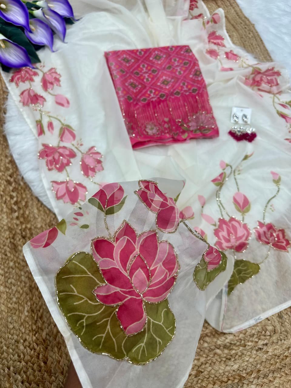 Designer Lotus white saree - Image 10