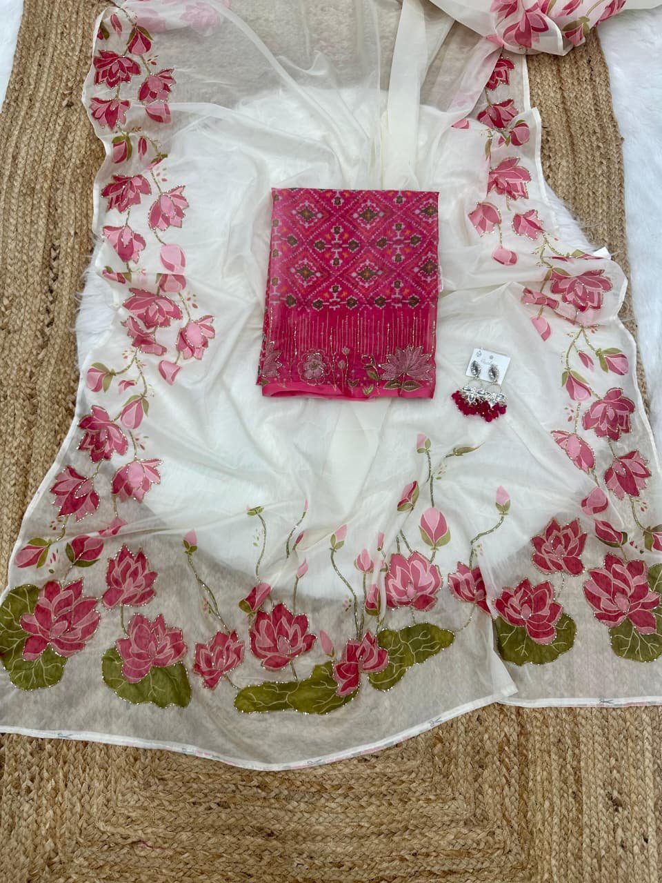 Designer Lotus white saree - Image 11