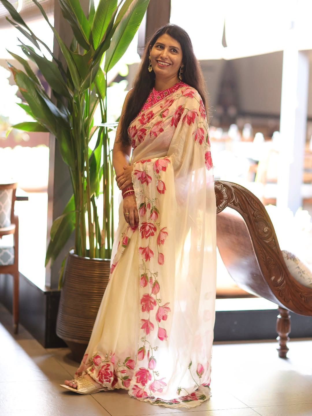 Designer Lotus white saree