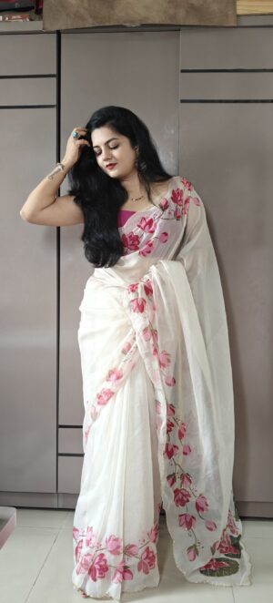 Designer Lotus white saree
