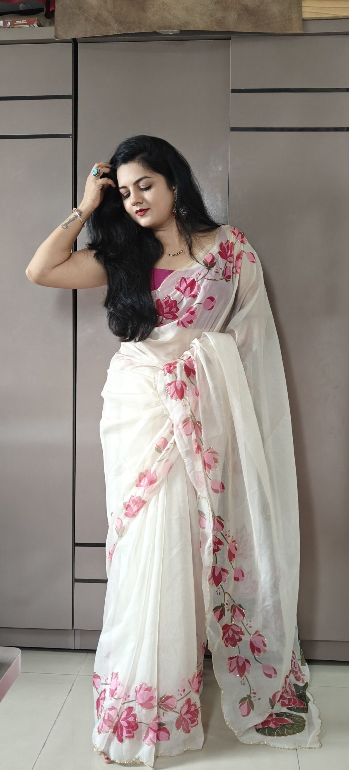 Designer Lotus white saree